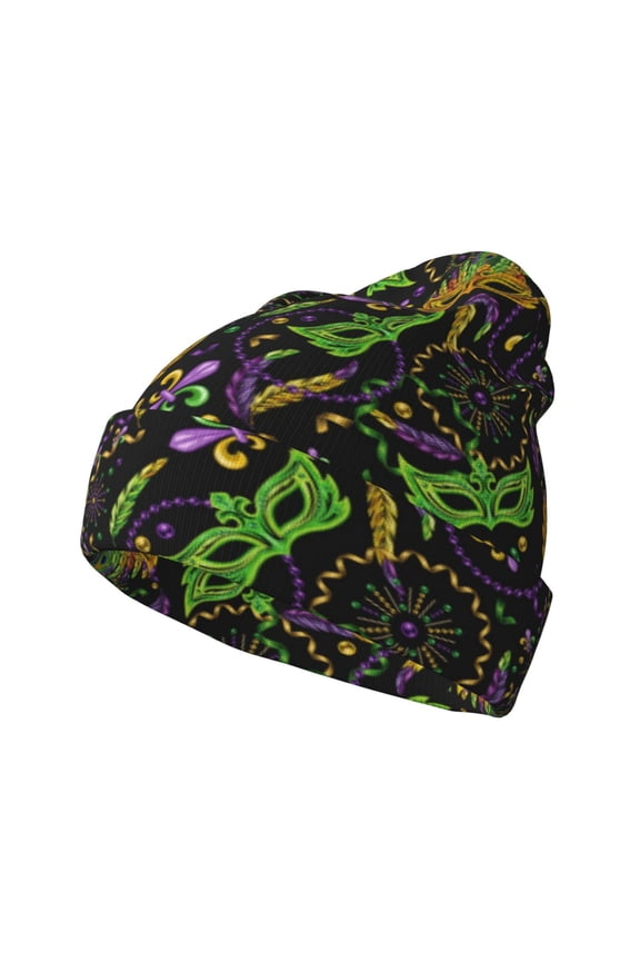 Carnival Mardi Gras3 Pattern Knitted Beanie Hat for Men and Women , Unisex Winter Warm Stretchy Knit Cap Thick Fisherman Beanies Cuffed Plain Skull Caps