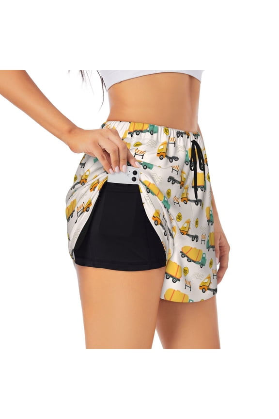 Cars Pattern Women's 2 in 1 Athletic Running Shorts High Waisted Workout Casual Gym Sweat Shorts with Comfy Liner Zipper Pockets-Medium