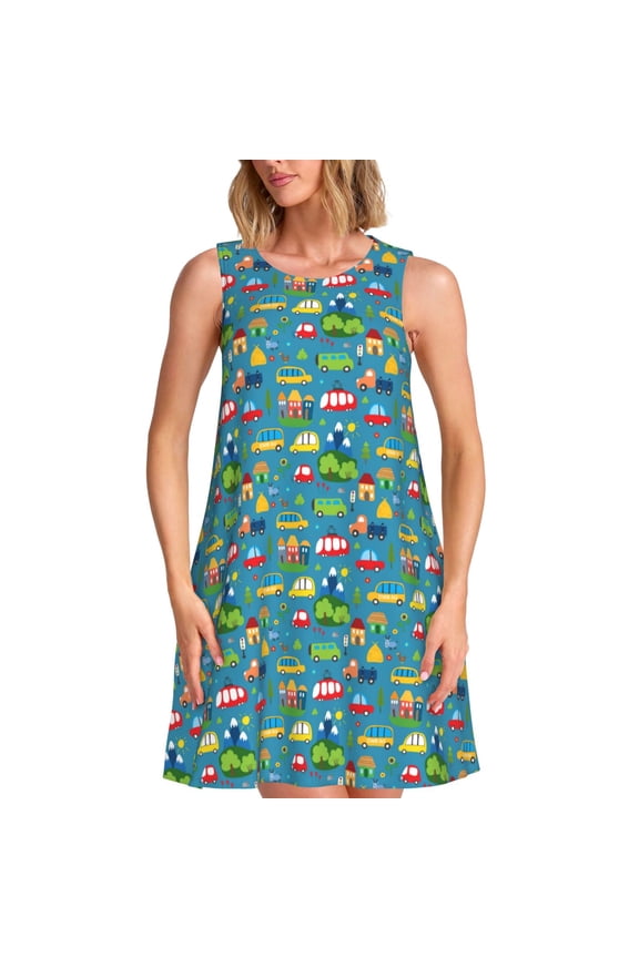 Cars Transportation Print Women’s Sleeveless Midi Swing Dress – A-Line Pleated Tank Sundress, Comfortable and Flowy T-Shirt Dress