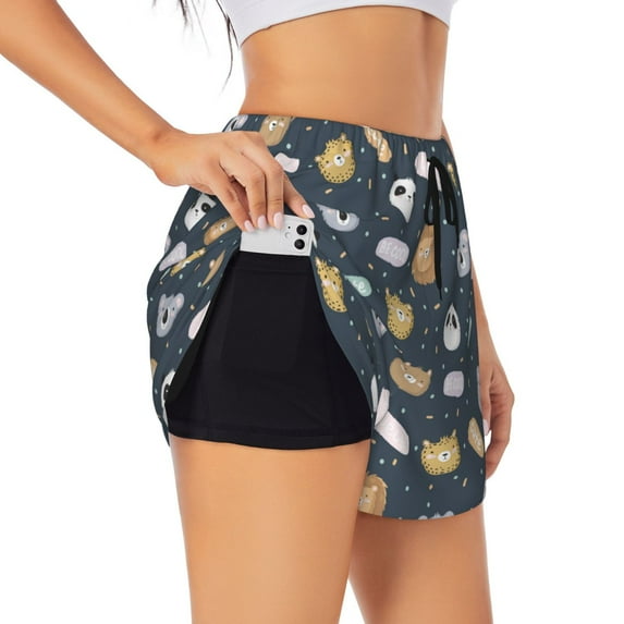 Picia Cartoon Animals Pattern Women's 2 in 1 Athletic Running Shorts High Waisted Workout Casual Gym Sweat Shorts with Comfy Liner Zipper Pockets-X-Large