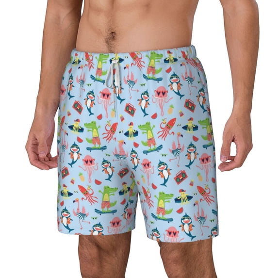 Picia Cartoon Animals pattern Mens Swim Trunks with Compression Liner Stretch Beach Shorts Quick Dry with Zipper Pockets No-Chafing Board Shorts-XX-Large