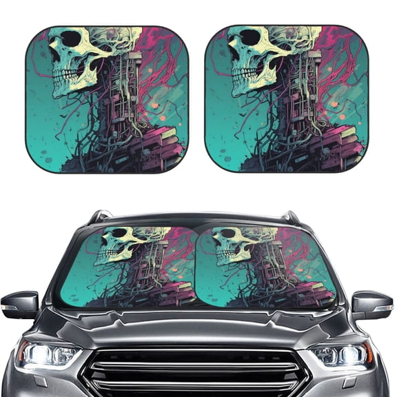 Picia Cartoon Art Skull 2 Piece Car Windshield Sun Shade Foldable | Foldable Sun Shield for Front Window Blocks UV Rays and Keeps Your Vehicle Cool-Large