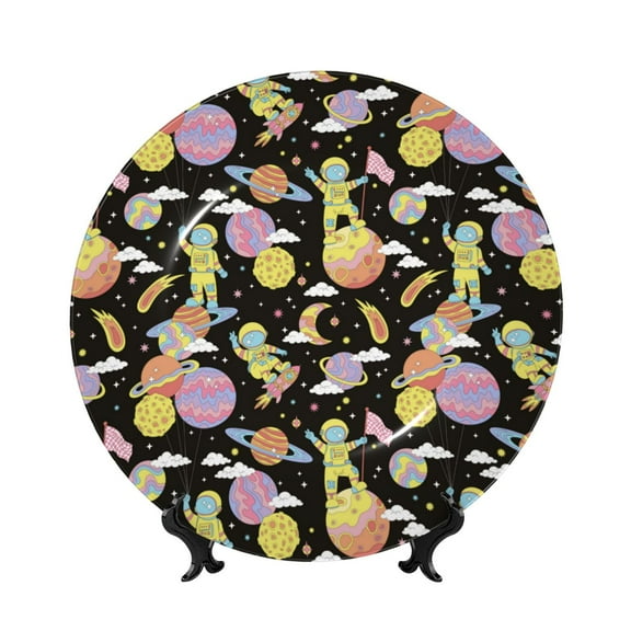 Picia Cartoon Astronaut In Spacesuit Pattern Bone China Decorative Plate – Wall Decor with Stand and Adhesive, Elegant Ornament for Living Room, Office, or Entryway-6in