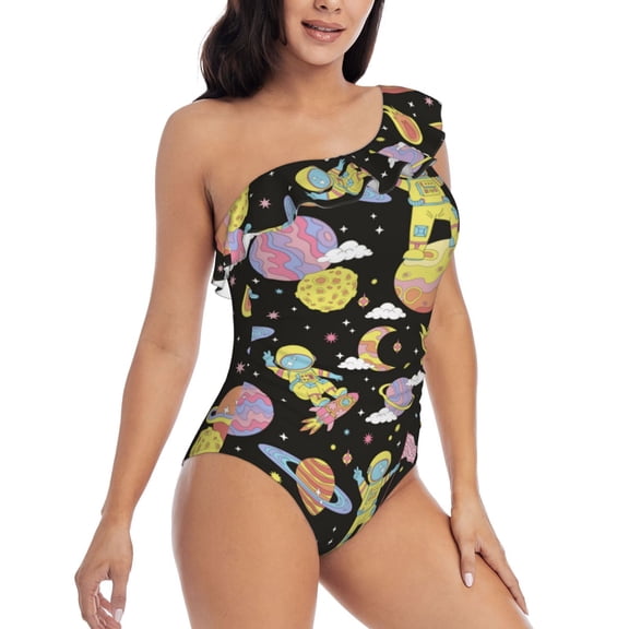 Picia Cartoon Astronaut In Spacesuit Pattern Women's One Piece Swimsuits,One Shoulder Swimwear Asymmetric ,Ruffle Monokinis Bathing Suits,High Waisted Flattering Bathing Suits-Small