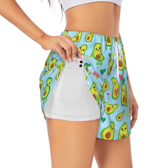 Picia Cartoon Avocado Pattern Women's 2 in 1 Athletic Running Shorts High Waisted Workout Casual Gym Sweat Shorts with Comfy Liner Zipper Pockets-X-Large