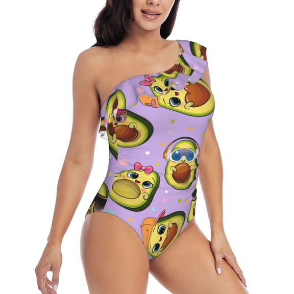 Picia Cartoon Avocados Pattern Women's One Piece Swimsuits,One Shoulder Swimwear Asymmetric ,Ruffle Monokinis Bathing Suits,High Waisted Flattering Bathing Suits-X-Large