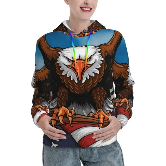 Picia Cartoon Bald Eagle USA Pattern Casual Women's Hoodie, Hooded Sweatshirt with Kangaroo Pocket, Comfortable Pullover with Eye-catching Drawstrings-Medium