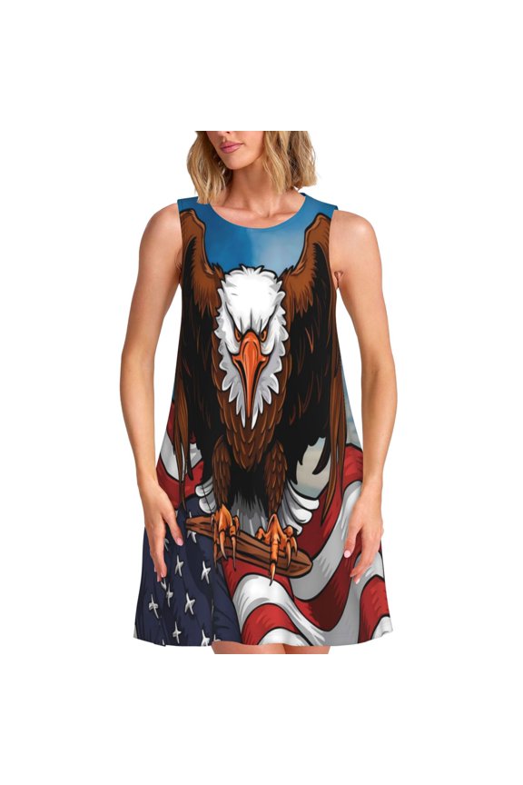 Cartoon Bald Eagle USA Print Women’s Sleeveless Midi Swing Dress – A-Line Pleated Tank Sundress, Comfortable and Flowy T-Shirt Dress