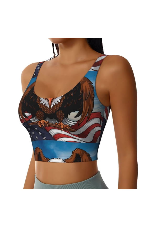 Cartoon Bald Eagle USA Sports Bra for Women,Padded Strappy Sports Bras Medium Support Yoga Bra with Removable Cups,Running Yoga Bra-Large