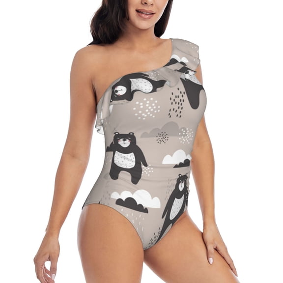 Picia Cartoon Bear Brown Pattern Women's One Piece Swimsuits,One Shoulder Swimwear Asymmetric ,Ruffle Monokinis Bathing Suits,High Waisted Flattering Bathing Suits-Small