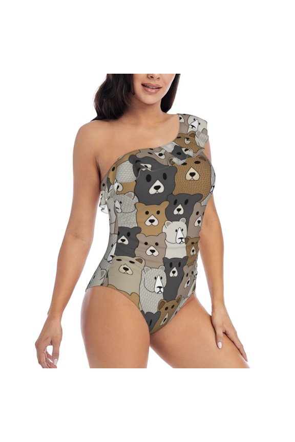 Cartoon Bear Pattern Women's One Piece Swimsuits,One Shoulder Swimwear Asymmetric ,Ruffle Monokinis Bathing Suits,High Waisted Flattering Bathing Suits-