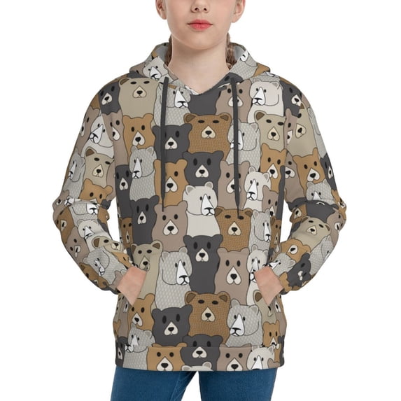 Picia Cartoon Bear Pattern Youth Hoodie - Warm Pullover Sweatshirt with Kangaroo Pocket, Ideal for Boys and Girls-Small
