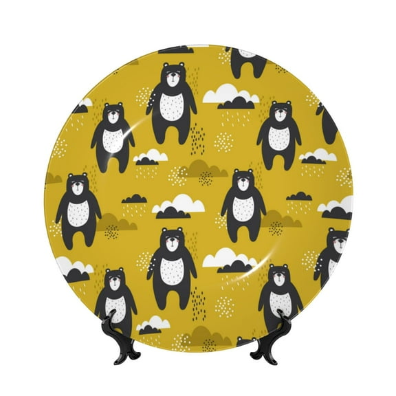 Picia Cartoon Bear Yellow Pattern Bone China Decorative Plate – Wall Decor with Stand and Adhesive, Elegant Ornament for Living Room, Office, or Entryway-7in