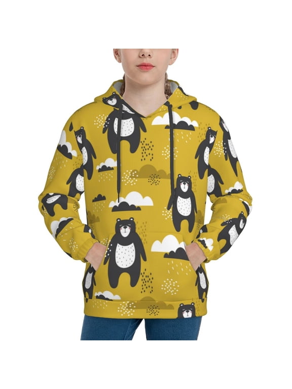 Cartoon Bear Yellow Pattern Youth Hoodie - Warm Pullover Sweatshirt with Kangaroo Pocket, Ideal for Boys and Girls-Large