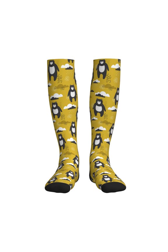 Cartoon Bear Yellow Printed Sports Compression Socks - 15-20mmHg Graduated Compression, High-Performance Soft and Breathable Socks for Men and Women