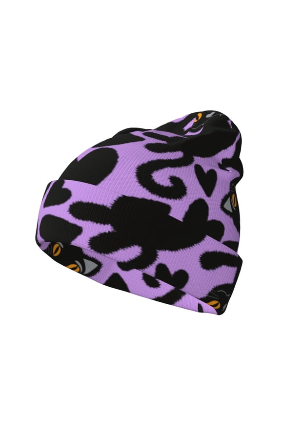 Cartoon Black Cats Pattern Knitted Beanie Hat for Men and Women , Unisex Winter Warm Stretchy Knit Cap Thick Fisherman Beanies Cuffed Plain Skull Caps