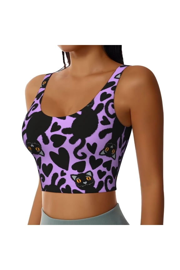 Cartoon Black Cats Sports Bra for Women,Padded Strappy Sports Bras Medium Support Yoga Bra with Removable Cups,Running Yoga Bra-