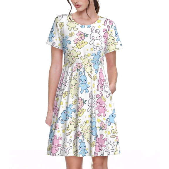 Picia Cartoon Bunny Pattern Women's Short Sleeve Summer Dress Pleated Loose Swing Knee Length Short Sleeve Swing Dresses