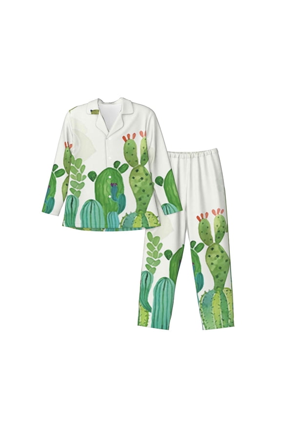 Cartoon Cactus Pattern Men’s Long-Sleeve Sleepwear Set - Soft 2-Piece Loungewear with Pockets, Comfy PJs for Relaxing Nights-Large