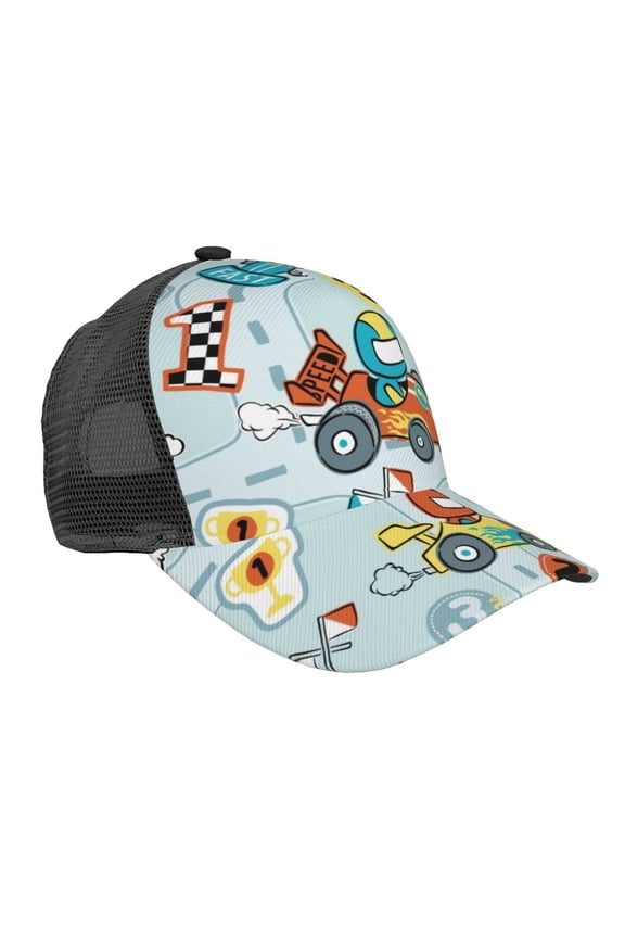 Cartoon Car Racing Pattern Trucker Hat,Baseball Cap,Sun Protection Cap,Stylish Headwear,Leisure Cap,Outdoor Sports Cap