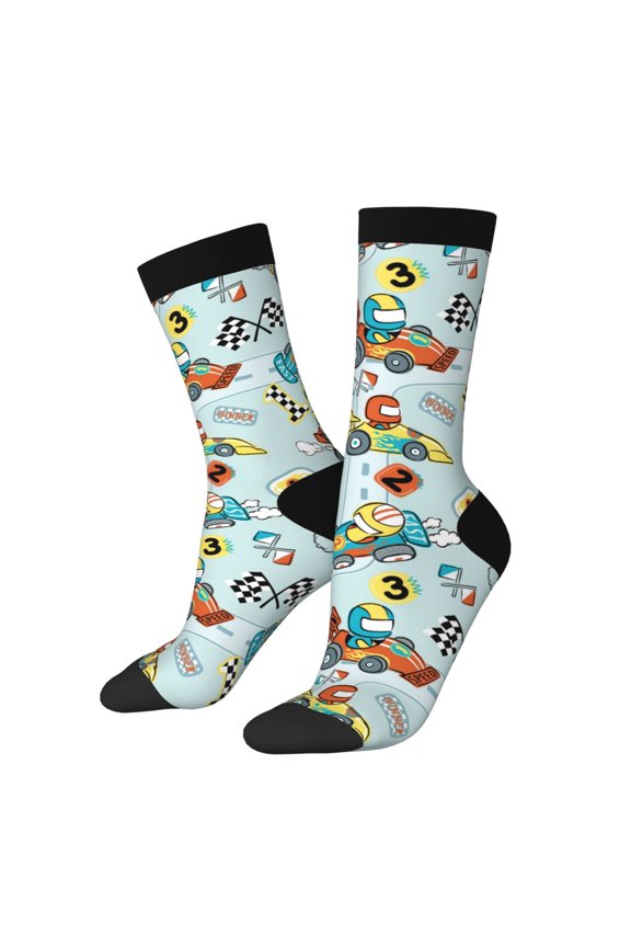 Cartoon Car Racing Print Athletic Socks for Men & Women – Cushioned Moisture-Wicking Crew Socks for Sports, Running, and Training, Soft & Breathable Size 5-11