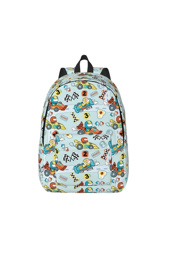 Cartoon Car Racing Printed Canvas Daypack - Stylish and Durable Vintage Compact Backpack - Class, Work, Travel, or Laptop Bookbag,Organized Compartments-Small