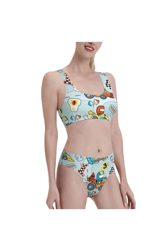 Cartoon Car Racing Women's High Waisted Bikini Scoop Neck Swimsuit Two Pieces Bathing Suit-Small