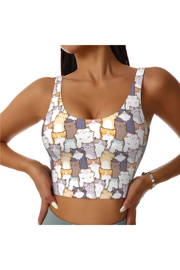 Cartoon Cat Pattern Sports Bra for Women,Padded Strappy Sports Bras Medium Support Yoga Bra with Removable Cups,Running Yoga Bra-Large