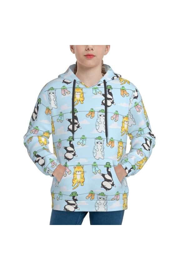 Cartoon Cat Pattern Youth Hoodie - Warm Pullover Sweatshirt with Kangaroo Pocket, Ideal for Boys and Girls-Large
