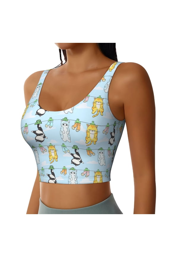 Cartoon Cat Sports Bra for Women,Padded Strappy Sports Bras Medium Support Yoga Bra with Removable Cups,Running Yoga Bra-X-Large
