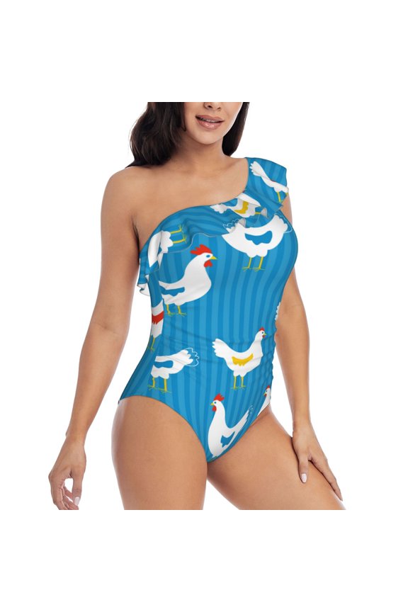 Cartoon Chicken Pattern Women's One Piece Swimsuits,One Shoulder Swimwear Asymmetric ,Ruffle Monokinis Bathing Suits,High Waisted Flattering Bathing Suits-