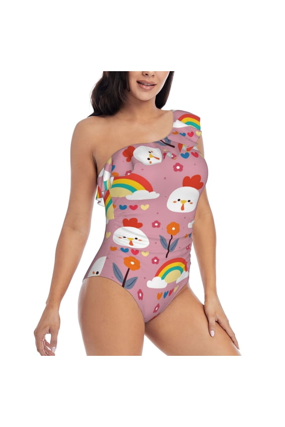 Cartoon Chicken Pattern Women's One Piece Swimsuits,One Shoulder Swimwear Asymmetric ,Ruffle Monokinis Bathing Suits,High Waisted Flattering Bathing Suits-