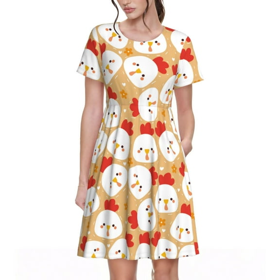 Picia Cartoon Chicken Pattern Women's Short Sleeve Summer Dress Pleated Loose Swing Knee Length Short Sleeve Swing Dresses