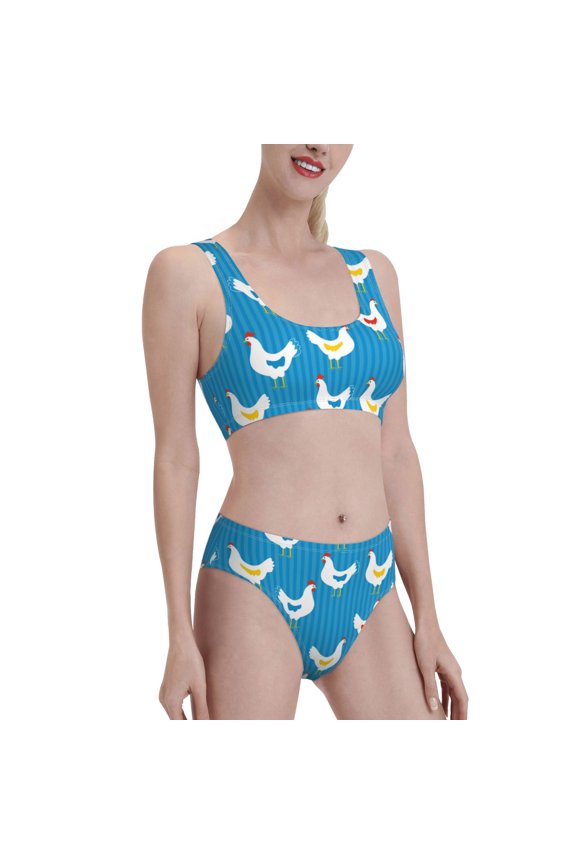 Cartoon Chicken Women's High Waisted Bikini Scoop Neck Swimsuit Two Pieces Bathing Suit-Small