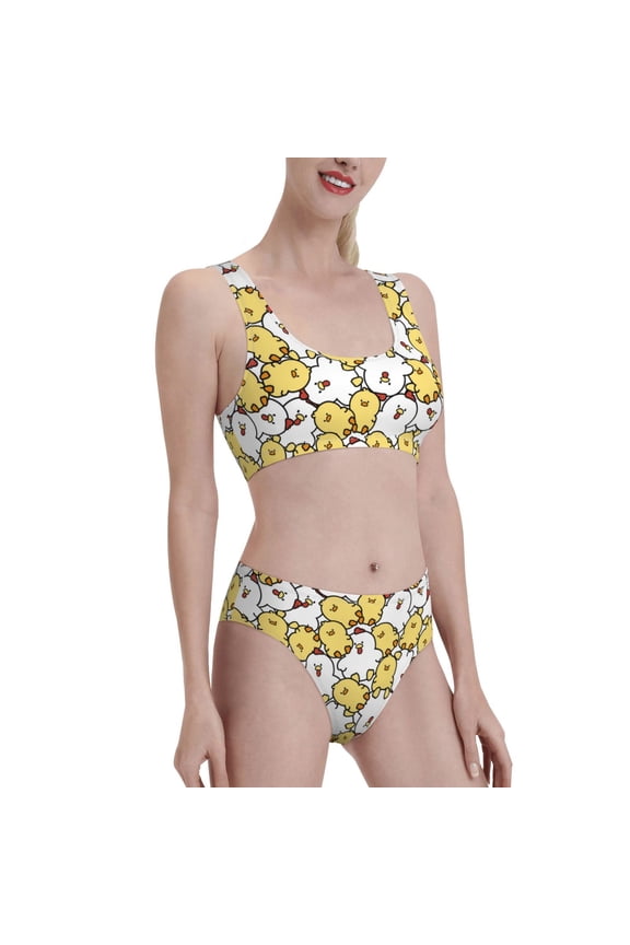 Cartoon Chicken Women's High Waisted Bikini Scoop Neck Swimsuit Two Pieces Bathing Suit-Small