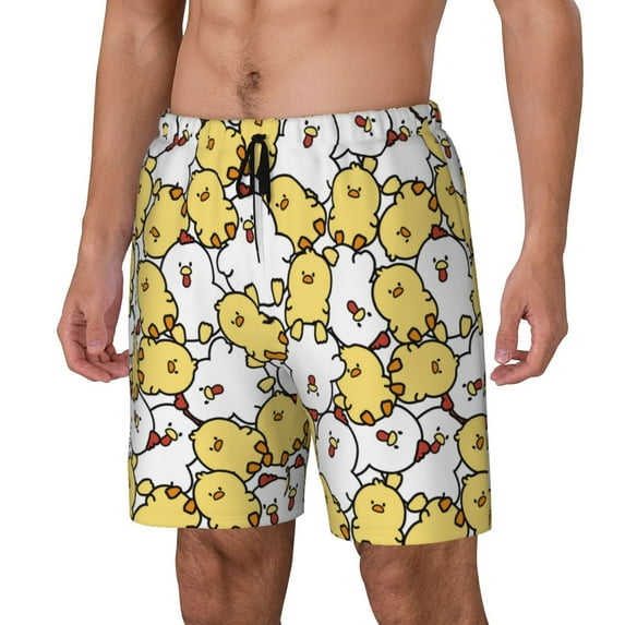 Picia Cartoon Chicken pattern Mens Swim Trunks with Compression Liner Stretch Beach Shorts Quick Dry with Zipper Pockets No-Chafing Board Shorts-Medium