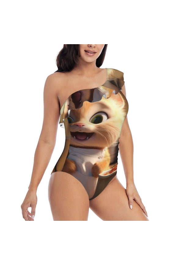Cartoon Cooking Cat Pattern Women's One Piece Swimsuits,One Shoulder Swimwear Asymmetric ,Ruffle Monokinis Bathing Suits,High Waisted Flattering Bathing Suits-Medium