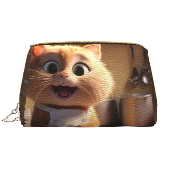 Picia Cartoon Cooking Cat Print Leather Makeup Bag Make Up Bag Travel Toiletry Bag for Her Girlfriend Teacher Teen Girl Gifts
