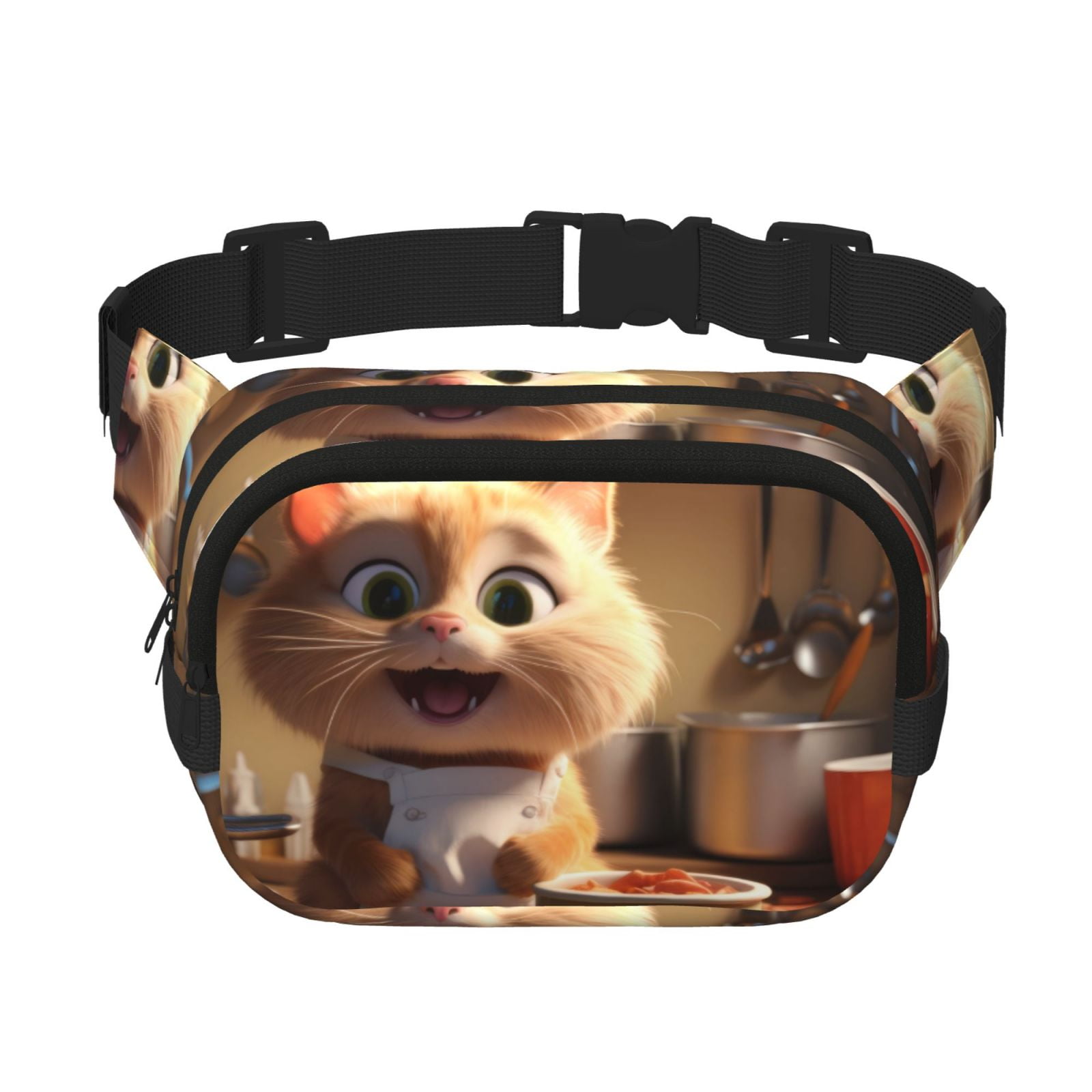 Picia Cartoon Cooking Cat Print Square Double-Layer Waist Bag Mini Adjustable Waist Belt Bag Exercise Running Travel Hiking