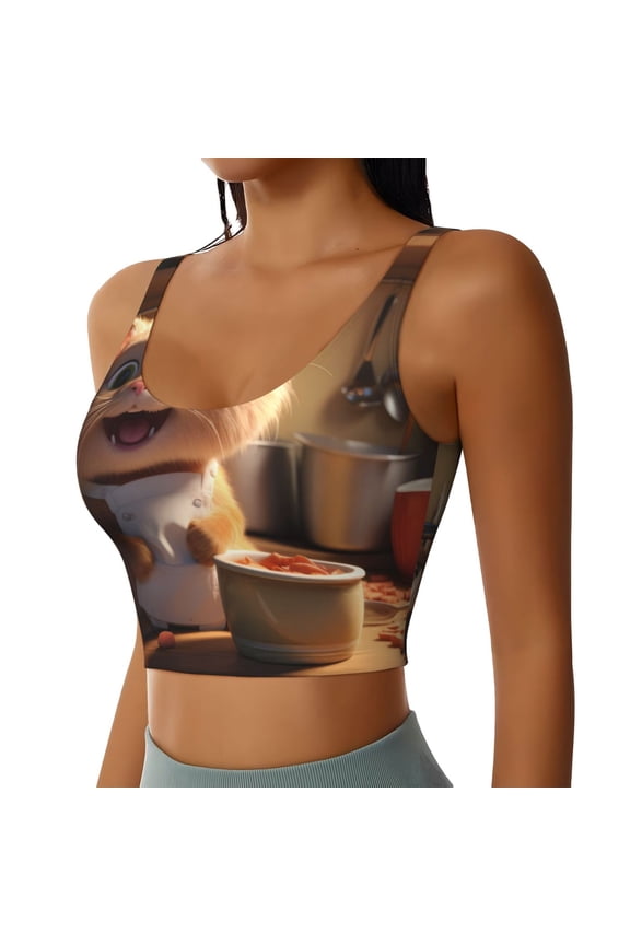 Cartoon Cooking Cat Sports Bra for Women,Padded Strappy Sports Bras Medium Support Yoga Bra with Removable Cups,Running Yoga Bra-Large
