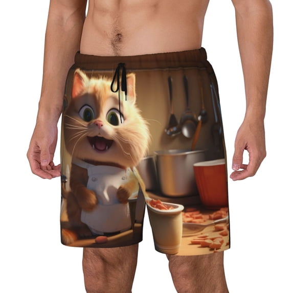 Picia Cartoon Cooking Cat pattern Mens Swim Trunks with Compression Liner Stretch Beach Shorts Quick Dry with Zipper Pockets No-Chafing Board Shorts-Small