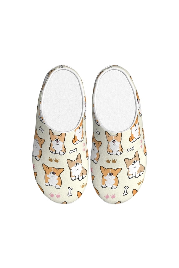 Cartoon Corgi for Women's Lamb-hug Comfy Fleece House Slippers Memory Foam, Slip-on House Shoes Indoor Outdoor-42/43