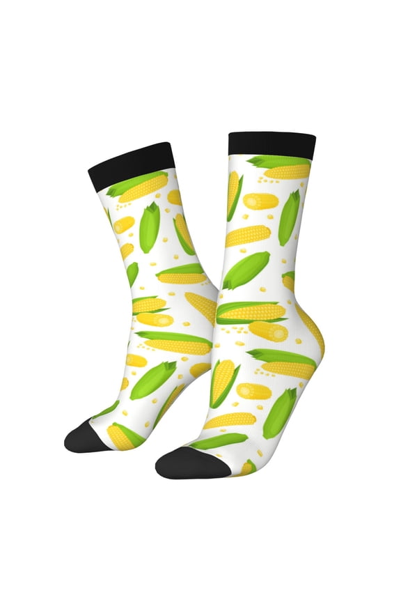 Cartoon Corn Print Athletic Socks for Men & Women – Cushioned Moisture-Wicking Crew Socks for Sports, Running, and Training, Soft & Breathable Size 5-11