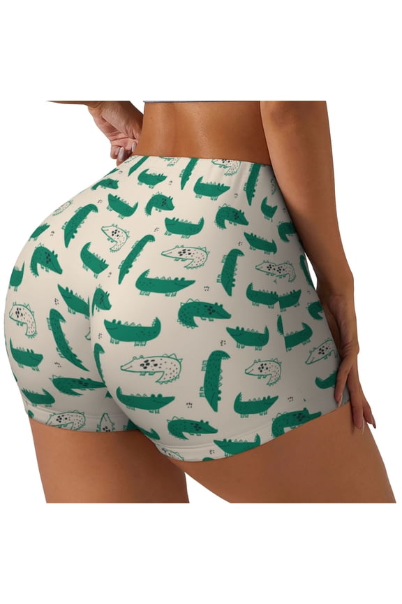 Cartoon Crocodile Printed Workout Shorts for Women Seamless Scrunch Butt Lifting High Waisted Yoga Gym Booty Running Moisture-wicking Short Pants-Medium