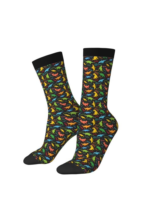 Cartoon Dino Print Athletic Socks for Men & Women – Cushioned Moisture-Wicking Crew Socks for Sports, Running, and Training, Soft & Breathable Size 5-11