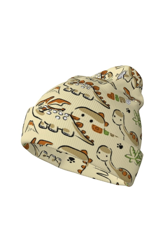 Cartoon Dinosaurs Pattern Knitted Beanie Hat for Men and Women , Unisex Winter Warm Stretchy Knit Cap Thick Fisherman Beanies Cuffed Plain Skull Caps
