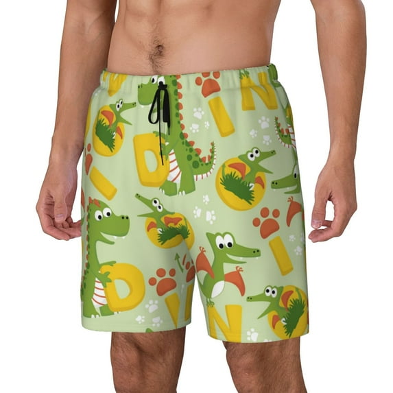 Picia Cartoon Dinosaurs pattern Mens Swim Trunks with Compression Liner Stretch Beach Shorts Quick Dry with Zipper Pockets No-Chafing Board Shorts-Large