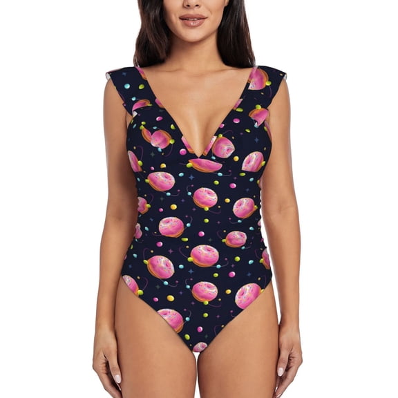 Picia Cartoon Donut Planets Blooming Jelly Womens Tummy Control Bathing Suits Slimming Ruffle Swimsuit One Piece Lace Swimwear-