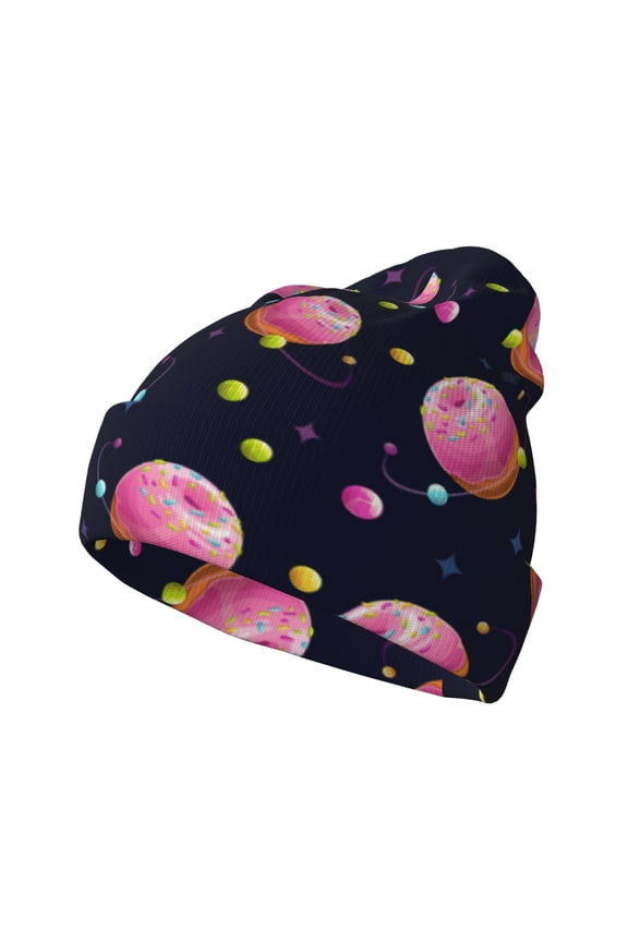 Cartoon Donut Planets Pattern Knitted Beanie Hat for Men and Women , Unisex Winter Warm Stretchy Knit Cap Thick Fisherman Beanies Cuffed Plain Skull Caps