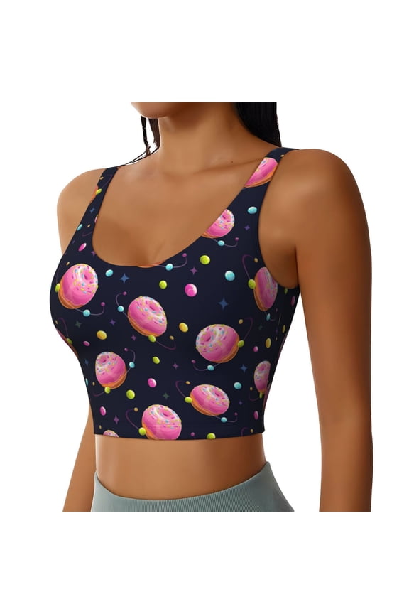 Cartoon Donut Planets Sports Bra for Women,Padded Strappy Sports Bras Medium Support Yoga Bra with Removable Cups,Running Yoga Bra-Small